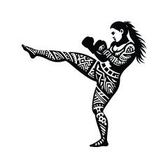 Fototapeta premium Boxing, Kickboxing female player in ethnic polynesia pattern illustration, emblem shield badge