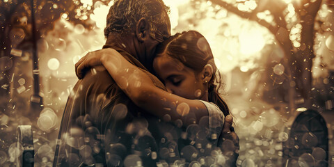 Eternal Embrace: A father and daughter, their arms wrapped tightly around each other, sharing a moment of shared grief at the graveside.
