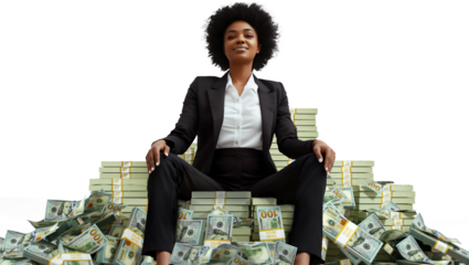 Rich Black business woman boss wearing black suit sitting on pile of Us dollar bills with more stacks of money around her against transparent background, throne made of cash, feminine, female power	
