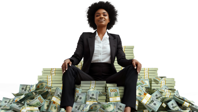 Rich Black business woman boss wearing black suit sitting on pile of Us dollar bills with more stacks of money around her against transparent background, throne made of cash, feminine, female power
- Powered by Adobe