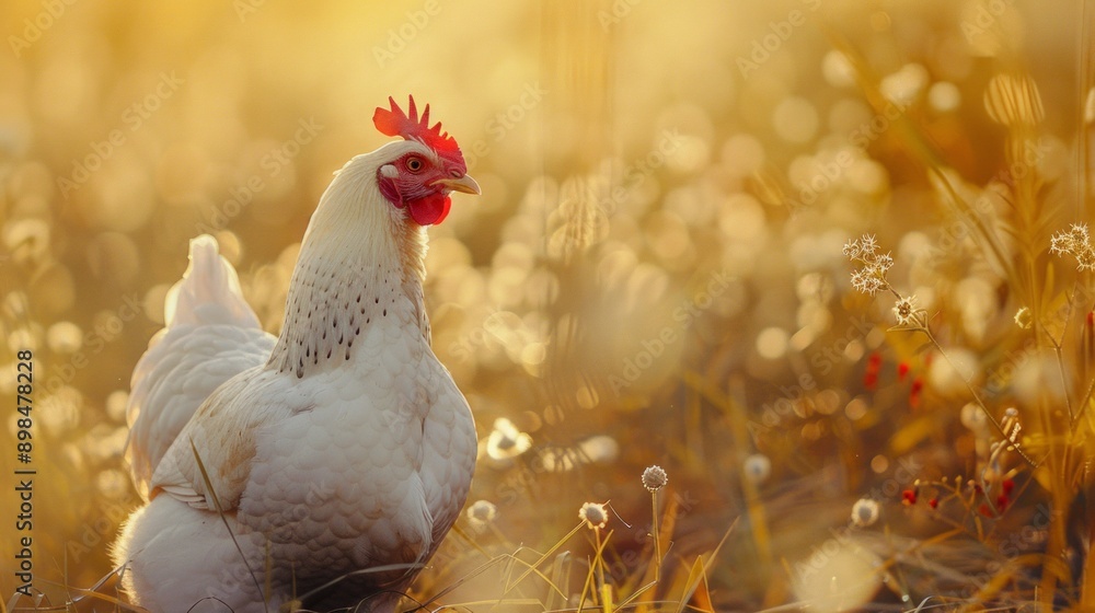 Poster Beautiful white chicken standing in a golden field during sunset. Warm light and soft focus create a serene and peaceful atmosphere. Ideal for nature, farm, and landscape themes. AI