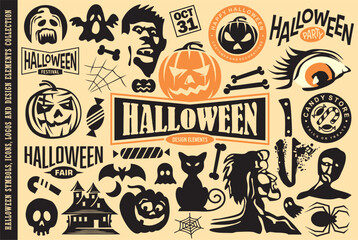 Halloween symbols, labels, graphics and design elements. Collection of Halloween vector illustrations with pumpkins, ghosts and scary creatures.