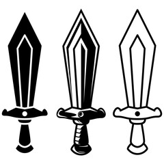 Vector silhouettes, icons and line art of flat design Arabian sword, pirate and executioner isolated on white background