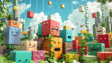 3D clip art illustration of colorful wooden blocks with different facial expressions, set against a backdrop of a busy office