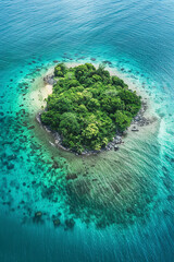 An aerial view of a small lush green island surrounded by clear blue waters, depicting an exotic tropical paradise and travel destination.