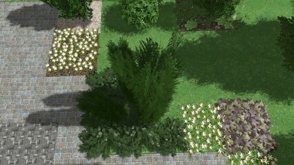 3d image of the landscape design of the home territory. Landscaping of the territory. Computer visualization of composite landscaping and landscaping solutions.