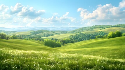 Fototapeta premium Serene Rolling Hills and Lush Green Meadows Under a Clear Blue Sky