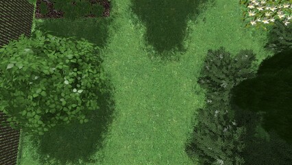 3d image of the landscape design of the home territory. Landscaping of the territory. Computer visualization of composite landscaping and landscaping solutions.