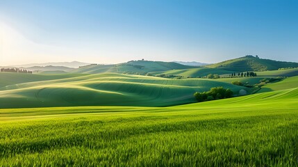 Serene Rolling Hills and Lush Green Fields Under a Clear Blue Sky