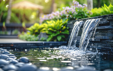 Serene garden water feature with cascading waterfall, surrounded by lush greenery and vibrant flowers, creating a tranquil, zen-like ambiance.