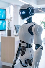 A sleek humanoid robot with a futuristic design standing in a modern, bright office environment, showcasing advanced technology and innovation.