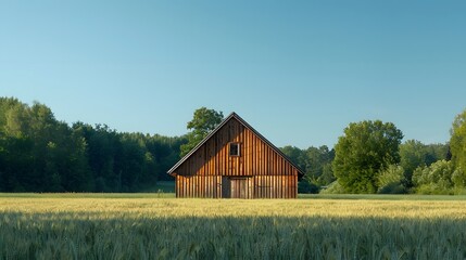 Obraz premium Rustic Wooden Barn in a Serene Wheat Field