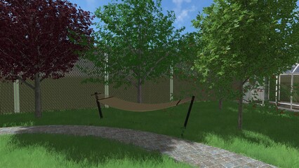 3d image of the landscape design of the home territory. Landscaping of the territory. Computer visualization of composite landscaping and landscaping solutions.