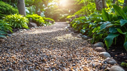 Serene Garden Pathway with Lush Greenery and Sunlight