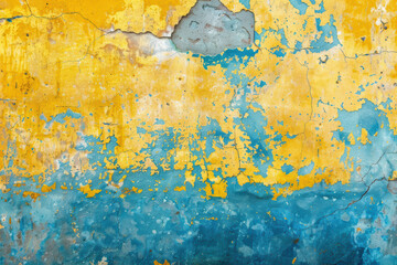 Fototapeta premium Abstract textured wall with peeling yellow and blue paint, showcasing vibrant colors and a rustic appearance. Ideal for backgrounds or artistic concepts.