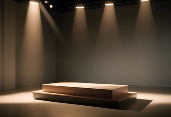 Obraz premium 3D podium stands display platform mockup, set against a dark room background with spotlights, ideal for showcasing products or presentations. stand to show products. 