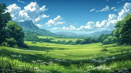 Obraz premium Serene Meadow Surrounded by Majestic Mountains and Lush Greenery