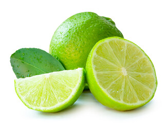 Front view of fresh green lemon fruit and half with slice or quarter and green leaf isolated on...