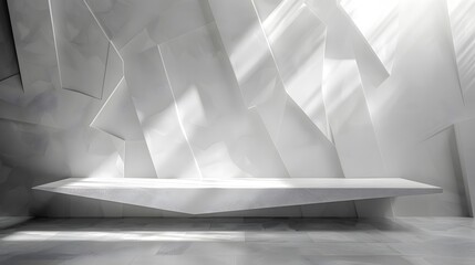 Modern Minimalist Interior with Geometric Wall Design and Floating Shelf