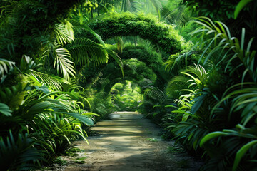 Fototapeta premium Serene tropical jungle pathway enveloped by lush green foliage and arched vegetation creating a tranquil nature landscape scene.