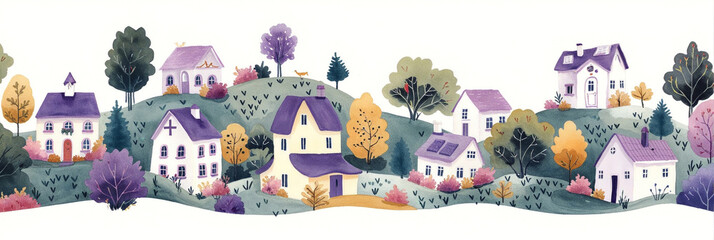 Watercolor little village on white background. Summer meadow. Illustration for card, border, banner or your other design. Cute watercolor buildings and trees. Trendy scandinavian background.