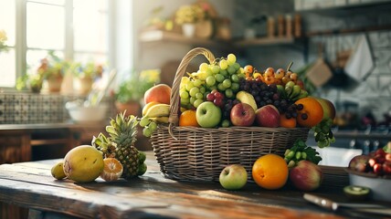 Beautiful assortment of fruits on a table, showcasing vibrant colors and freshness. Perfect for themes of healthy eating, nature, and abundance
