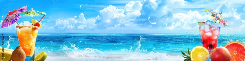 Poster two colorful cocktails garnished with fruit and umbrellas are placed on a sandy beach with a blue oc