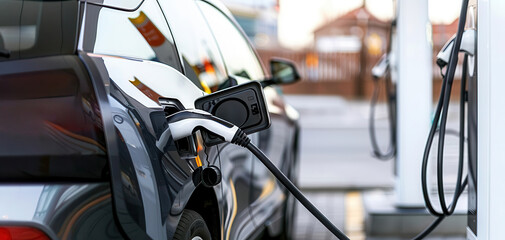 Electric car charging at a sleek station, showcasing the future of transportation
