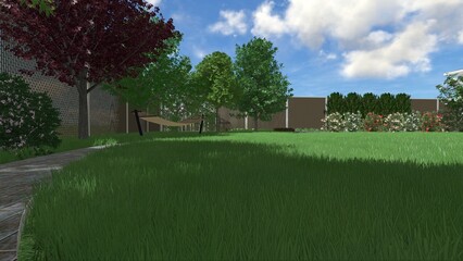 Fototapeta premium 3d image of the landscape design of the home territory. Landscaping of the territory. Computer visualization of composite landscaping and landscaping solutions.