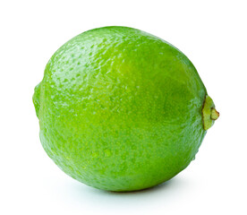 Side view of single fresh green lemon fruit with drops isolated on white background with clipping path