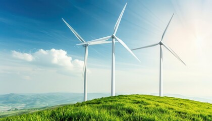 Wind turbines on a grassy hill turning in the breeze, highlighting renewable power