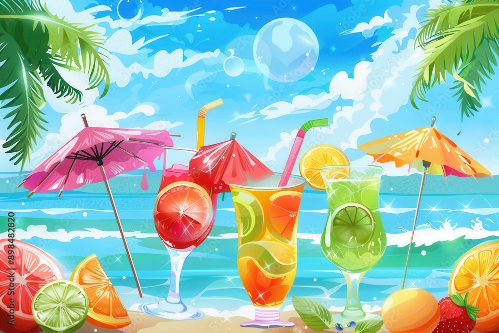 Poster tropical drinks with fruit garnishes and paper umbrellas sit on a beach with palm trees and an ocean