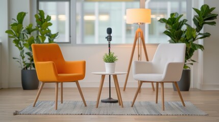 Modern minimal podcast interview room background for streamers concept.