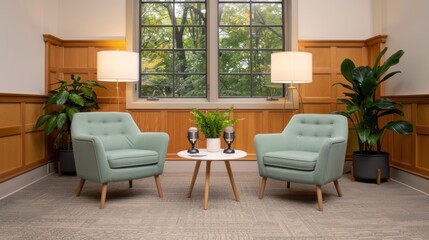 Modern minimal podcast interview room background for streamers concept.