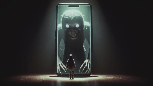 A child, frozen in horror under a spotlight, facing a gigantic smartphone with a monster in it, jump scare moment, symbolic concept presenting media as a danger to children and addiction. High quality