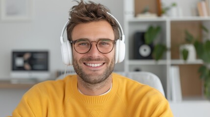 Professional podcaster live streaming and podcast at modern studio.