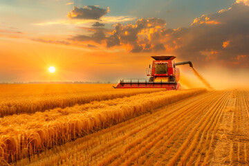 Fototapeta premium Modern industrial harvester harvesting wheat in an agricultural field at sunset. Grain combine harvester in summer. Harvest time, agriculture