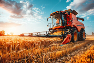 Fototapeta premium Modern industrial harvester harvesting wheat in an agricultural field at sunset. Grain combine harvester in summer. Harvest time, agriculture