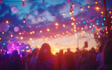 Fototapeta premium Vibrant outdoor festival at sunset with colorful string lights and a lively crowd creating a festive atmosphere against a scenic sky.