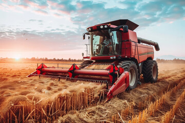 Fototapeta premium Modern industrial harvester harvesting wheat in an agricultural field at sunset. Grain combine harvester in summer. Harvest time, agriculture