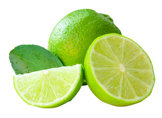 Front view of fresh green lemon fruit and half with slice or quarter and green leaf isolated with...