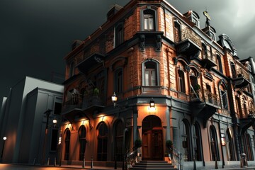 Obraz premium An old, ornate building with a wooden door and decorative balconies under a stormy sky.