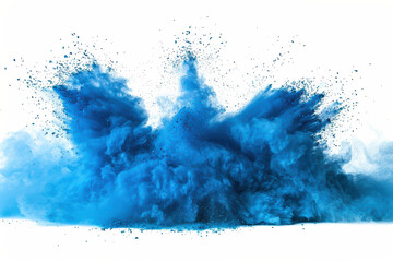 Dynamic explosion of vibrant blue powder cloud against white backdrop creating a stunning visual display of color in motion.