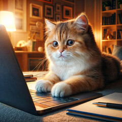 Fototapeta premium The cat is sitting at the table with a laptop, wearing glasses and with a concentrated expression on her face.