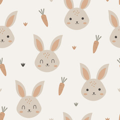 Seamless pattern with cute rabbit and carrot. Cartoon animal background. For fabric, textile, wallpaper, wrapping, kids apparel design. Animal vector illustration