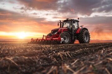 Obraz premium Agricultural combine harvester working at sunset, combine harvester plowing field