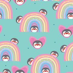 Fototapeta premium Seamless pattern with cute cartoon penguins and colorful rainbows, for fabric prints, textiles, gift wrapping paper. children's colorful vector, flat style