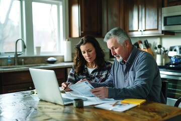 Fototapeta premium Couple reviewing finances with laptop in kitchen