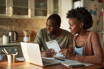 Obraz premium Couple reviewing finances with laptop in kitchen