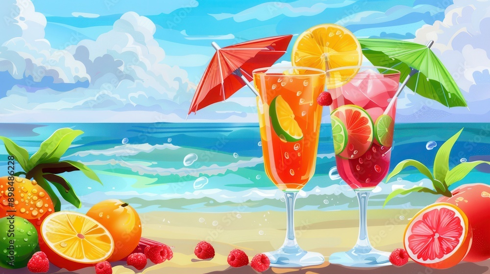 Poster two tall glasses of colorful cocktails sit on a sandy beach with ocean waves in the background. each